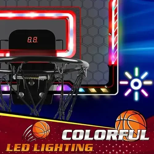 Jugana Mini Basketball Hoop Indoor with Scorer and Batteries, Indoor Basketball Hoop Over The Door with Colorful LED Lighting, Toy Basketball Set for Boys Girls Age 3 4 5 6 7 8, Red - 2