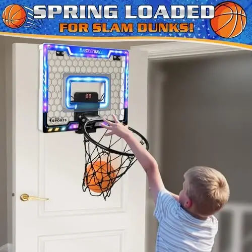 Jugana Mini Basketball Hoop Indoor with Scorer and Batteries, Indoor Basketball Hoop Over The Door with Colorful LED Lighting, Toy Basketball Set for Boys Girls Age 3 4 5 6 7 8, Red - 5