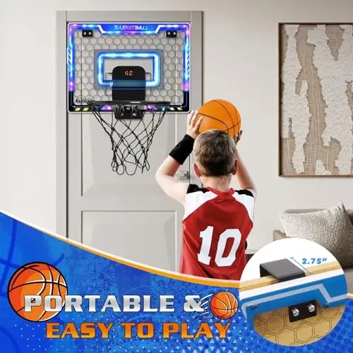 Jugana Mini Basketball Hoop Indoor with Scorer and Batteries, Indoor Basketball Hoop Over The Door with Colorful LED Lighting, Toy Basketball Set for Boys Girls Age 3 4 5 6 7 8 - 6