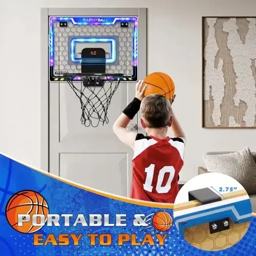 Jugana Mini Basketball Hoop Indoor with Scorer and Batteries, Indoor Basketball Hoop Over The Door with Colorful LED Lighting, Toy Basketball Set for Boys Girls Age 3 4 5 6 7 8 - 6