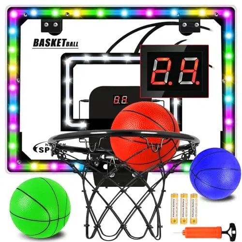 Jugana Mini Basketball Hoop Indoor with Scorer and Batteries, Indoor Basketball Hoop Over The Door with Colorful LED Lighting, Toy Basketball Set for Boys Girls Age 3 4 5 6 7 8 