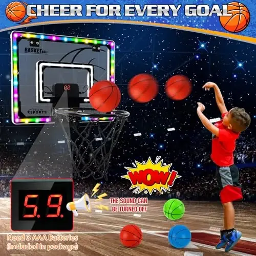 Jugana Mini Basketball Hoop Indoor with Scorer and Batteries, Indoor Basketball Hoop Over The Door with Colorful LED Lighting, Toy Basketball Set for Boys Girls Age 3 4 5 6 7 8 - 3