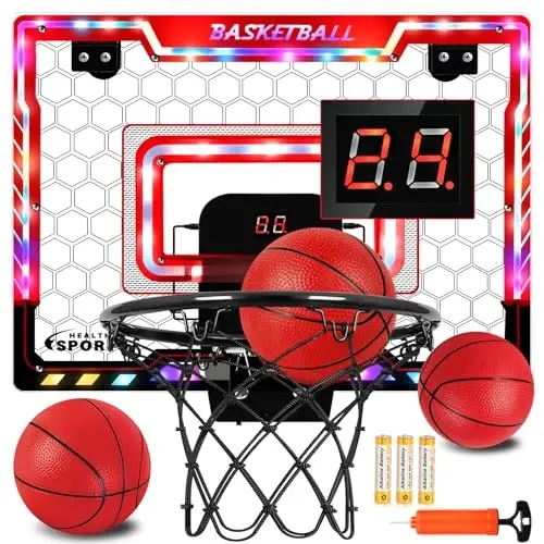 Jugana Mini Basketball Hoop Indoor with Scorer and Batteries, Indoor Basketball Hoop Over The Door with Colorful LED Lighting, Toy Basketball Set for Boys Girls Age 3 4 5 6 7 8, Red - 1