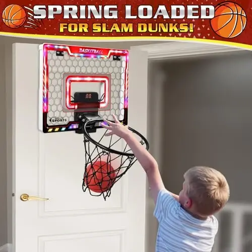 Jugana Mini Basketball Hoop Indoor with Scorer and Batteries, Indoor Basketball Hoop Over The Door with Colorful LED Lighting, Toy Basketball Set for Boys Girls Age 3 4 5 6 7 8, Red - 5