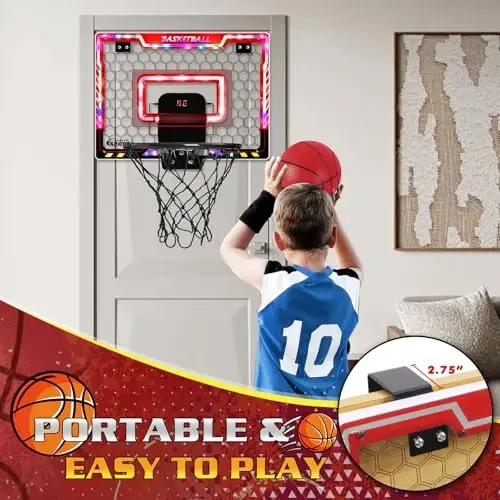 Jugana Mini Basketball Hoop Indoor with Scorer and Batteries, Indoor Basketball Hoop Over The Door with Colorful LED Lighting, Toy Basketball Set for Boys Girls Age 3 4 5 6 7 8, Red - 6