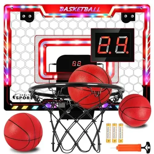 Jugana Mini Basketball Hoop Indoor with Scorer and Batteries, Indoor Basketball Hoop Over The Door with Colorful LED Lighting, Toy Basketball Set for Boys Girls Age 3 4 5 6 7 8, Red 