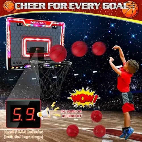 Jugana Mini Basketbol Savati Ichki Gol Uratgich va Batareyalar bilan, Rangli LED Yoritgichli Eshik Ustidagi Ichki Basketbol Savati, 3 4 5 6 7 8 Yoshli O'g'il Qizlar uchun O'yinchoq Basketbol To'plami, Qizil - 3