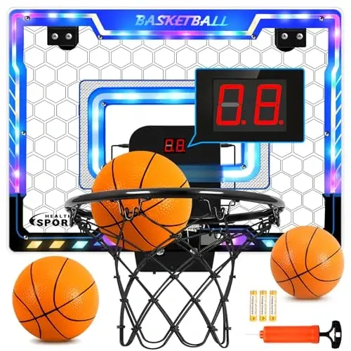Jugana Mini Basketbol Savati Ichki Gol Uratgich va Batareyalar bilan, Rangli LED Yoritgichli Eshik Ustidagi Ichki Basketbol Savati, 3 4 5 6 7 8 Yoshli O'g'il Qizlar uchun O'yinchoq Basketbol To'plami, Qizil - 1