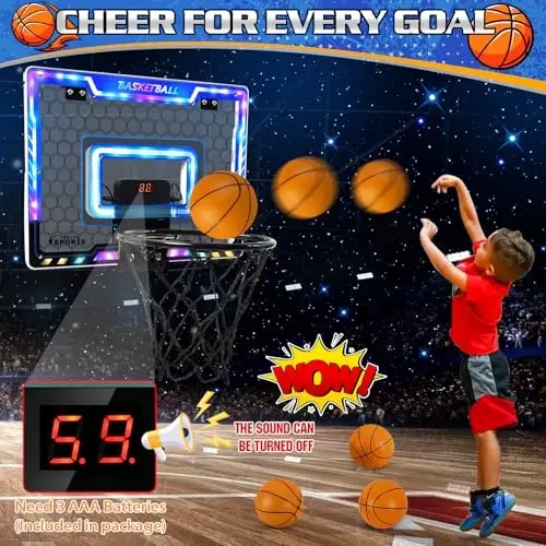 Jugana Mini Basketbol Savati Ichki Gol Uratgich va Batareyalar bilan, Rangli LED Yoritgichli Eshik Ustidagi Ichki Basketbol Savati, 3 4 5 6 7 8 Yoshli O'g'il Qizlar uchun O'yinchoq Basketbol To'plami, Qizil - 3