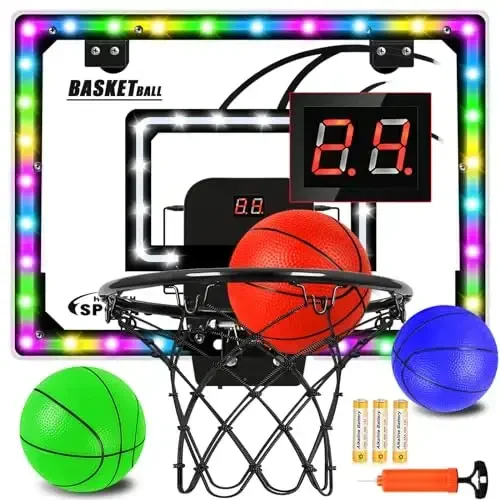 Jugana Mini Basketbol savati to'plami gol va batareyalar bilan, ichki basketbol savati eshik ustida rangli LED yoritgich bilan, o'g'il qizlar uchun basketbol o'yinchoq to'plami 3 4 5 6 7 8 yosh 