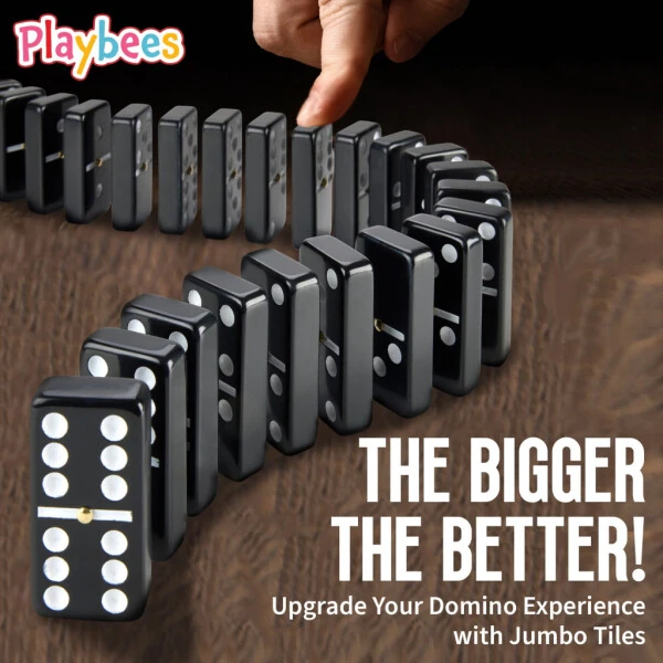 Jumbo Double Six Domino Set - 28 Thick Black Tiles - Sophisticated Wooden Vegan Leather Box - Classic Family Game - Math Skills and Strategy - 2-4 Players - 1