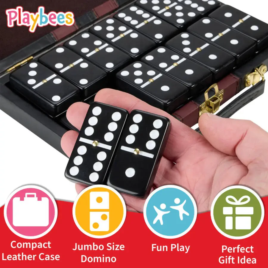 Jumbo Double Six Domino Set - 28 Thick Black Tiles - Sophisticated Wooden Vegan Leather Box - Classic Family Game - Math Skills and Strategy - 2-4 Players - 3