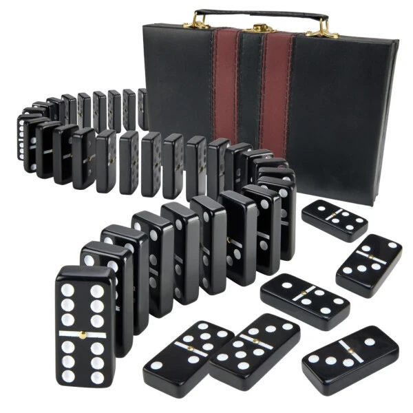 Jumbo Double Six Domino Set - 28 Thick Black Tiles - Sophisticated Wooden Vegan Leather Box - Classic Family Game - Math Skills and Strategy - 2-4 Players - 4