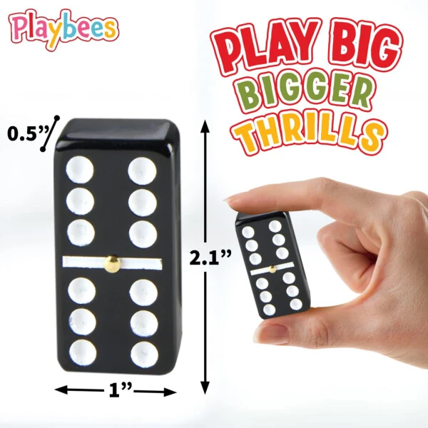 Jumbo Double Six Domino Set - 28 Thick White Tiles - Sophisticated Wooden Vegan Leather Box - Classic Family Game - Math Skills and Strategy - 2-4 Players - PLAYBEES (1)