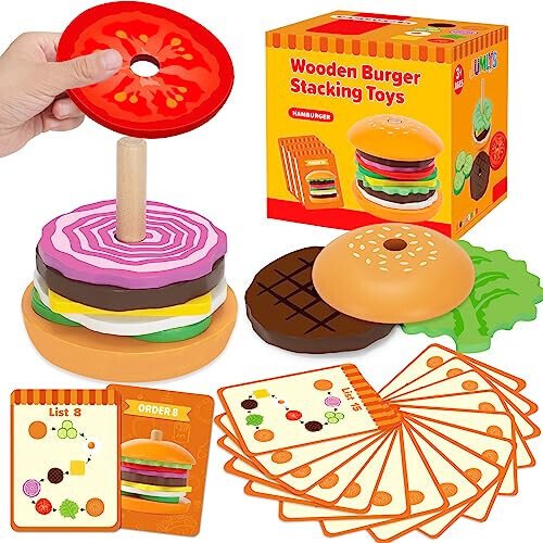 Jumlys Montessori Wooden Burger Stacking Toys for 2, 3, 4, 5 Year Olds, Fine Motor Toys for Kids Boys Girls, Ideal Preschool Educational and Learning Toys, Perfect Christmas Birthday Gifts - 29