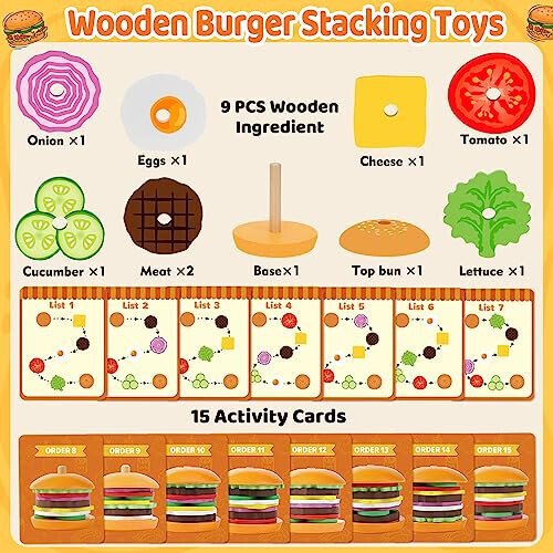 Jumlys Montessori Wooden Burger Stacking Toys for 2, 3, 4, 5 Year Olds, Fine Motor Toys for Kids Boys Girls, Ideal Preschool Educational and Learning Toys, Perfect Christmas Birthday Gifts - 16