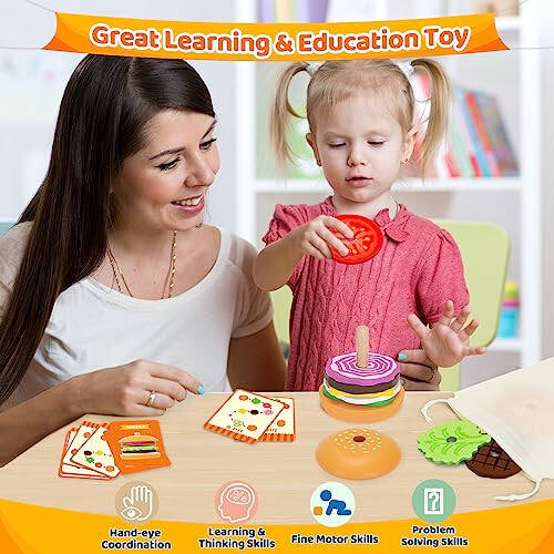 Jumlys Montessori Wooden Burger Stacking Toys for 2, 3, 4, 5 Year Olds, Fine Motor Toys for Kids Boys Girls, Ideal Preschool Educational and Learning Toys, Perfect Christmas Birthday Gifts - 6