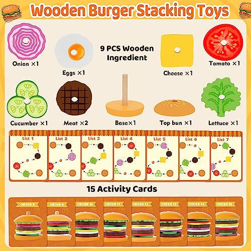 Jumlys Montessori Wooden Burger Stacking Toys for 2, 3, 4, 5 Year Olds, Fine Motor Toys for Kids Boys Girls, Ideal Preschool Educational and Learning Toys, Perfect Christmas Birthday Gifts - 44