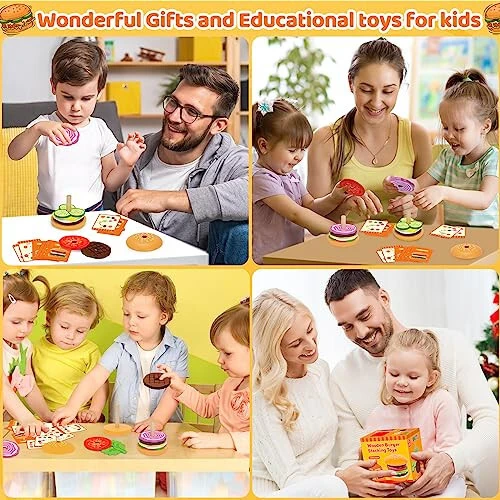 Jumlys Montessori Wooden Burger Stacking Toys for 2, 3, 4, 5 Year Olds, Fine Motor Toys for Kids Boys Girls, Ideal Preschool Educational and Learning Toys, Perfect Christmas Birthday Gifts - 49