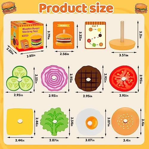 Jumlys Montessori Wooden Burger Stacking Toys for 2, 3, 4, 5 Year Olds, Fine Motor Toys for Kids Boys Girls, Ideal Preschool Educational and Learning Toys, Perfect Christmas Birthday Gifts - 33