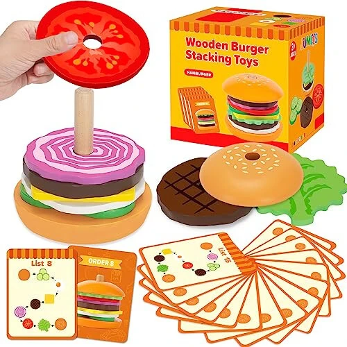 Jumlys Montessori Wooden Burger Stacking Toys for 2, 3, 4, 5 Year Olds, Fine Motor Toys for Kids Boys Girls, Ideal Preschool Educational and Learning Toys, Perfect Christmas Birthday Gifts - 22