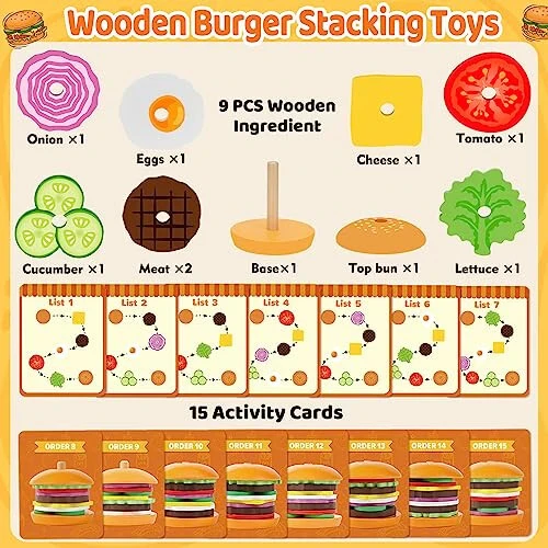 Jumlys Montessori Wooden Burger Stacking Toys for 2, 3, 4, 5 Year Olds, Fine Motor Toys for Kids Boys Girls, Ideal Preschool Educational and Learning Toys, Perfect Christmas Birthday Gifts - 23