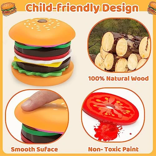 Jumlys Montessori Wooden Burger Stacking Toys for 2, 3, 4, 5 Year Olds, Fine Motor Toys for Kids Boys Girls, Ideal Preschool Educational and Learning Toys, Perfect Christmas Birthday Gifts - 18