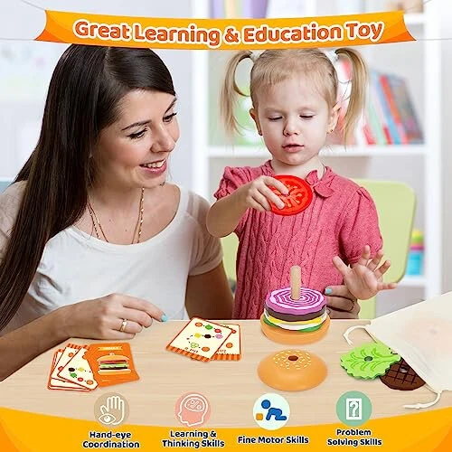 Jumlys Montessori Wooden Burger Stacking Toys for 2, 3, 4, 5 Year Olds, Fine Motor Toys for Kids Boys Girls, Ideal Preschool Educational and Learning Toys, Perfect Christmas Birthday Gifts - 13