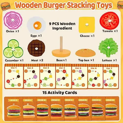 Jumlys Montessori Toys for 2, 3, 4, 5 Year Old, Wooden Burger Stacking Toys, Fine Motor Toys for Kids Boys Girls, Ideal Preschool Educational and Learning Toys, Perfect Christmas Birthday Gifts - 37