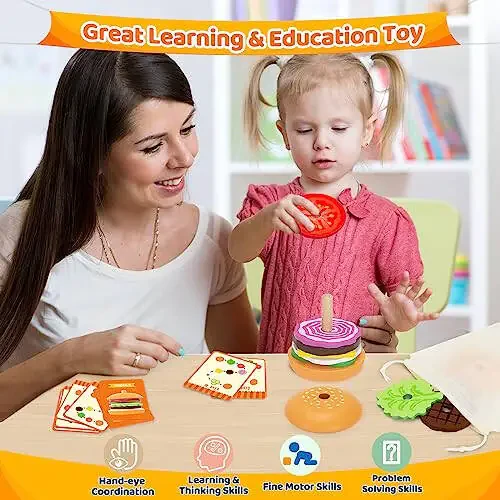 Jumlys Montessori Toys for 2, 3, 4, 5 Year Old, Wooden Burger Stacking Toys, Fine Motor Toys for Kids Boys Girls, Ideal Preschool Educational and Learning Toys, Perfect Christmas Birthday Gifts - 20