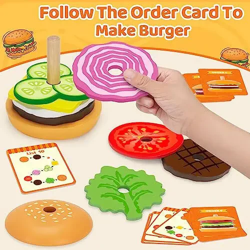 Jumlys Montessori Toys for 2, 3, 4, 5 Year Old, Wooden Burger Stacking Toys, Fine Motor Toys for Kids Boys Girls, Ideal Preschool Educational and Learning Toys, Perfect Christmas Birthday Gifts - 10