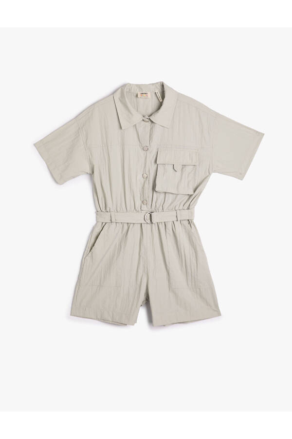 Jumpsuit Short Sleeve Shirt Collar Belt Pocket Snap Button - 7