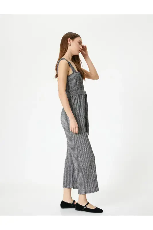 Jumpsuit Thick Straps Belt Detailed Short Straight Wide Leg Relaxed Fit Smocked Seersucker - Koton
