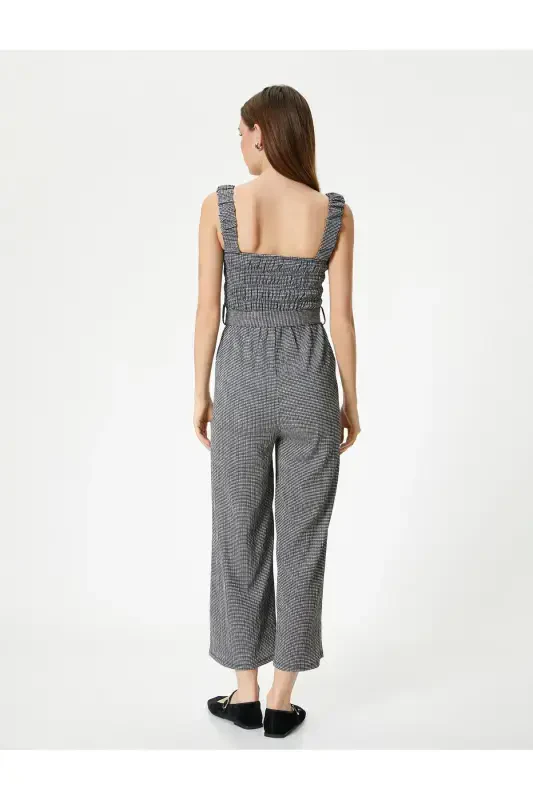 Jumpsuit Thick Straps Belt Detailed Short Straight Wide Leg Relaxed Fit Smocked Seersucker - 4