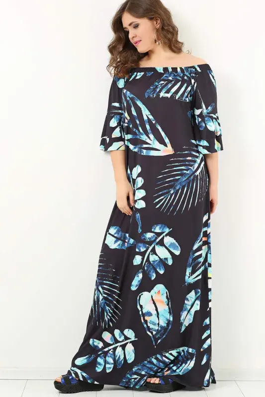 Junior Plus Size Stand Collar Leaf Print Dress KL1742U Black - 3