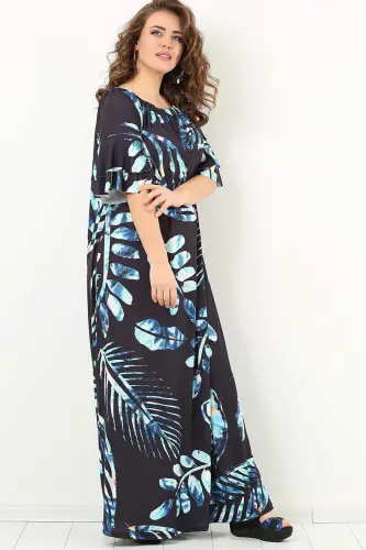 Junior Plus Size Stand Collar Leaf Print Dress KL1742U Black - 4
