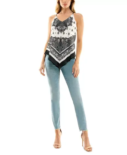 Juniors' Printed Handkerchief-Hem Sleeveless Top-Pat P - 3