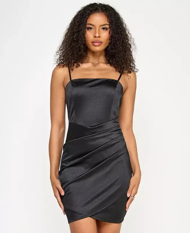 Juniors' Ruched Asymmetric Bodycon Dress-Black - 1
