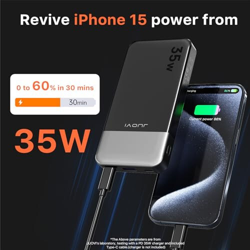 JUOVI Ko'chma Zaryadlovchi Power Bank 10000mAh, 35W Tez Zaryadlash Batareya To'plami 3 Chiqish va 2 Kirish, PD 3.0 QC 4.0 Texnologiyasi, iPhone, MacBook, Samsung, Android uchun Raqamli Displey Zaryadlovchi (Qora) - 2