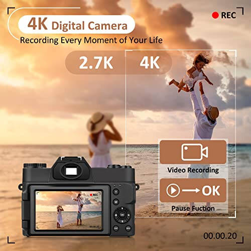 JUSTFX 4K Dijital Kamera, YouTube İçin WiFi'li Vlog Kamerası, Otomatik Odaklama 16X Zoom 48MP Kamera Fotoğrafçılığı 64GB SD Kart, Geniş Açı ve Makro Lens, 2 Pil, 180° Döndürülebilir Ekran, Siyah - 4