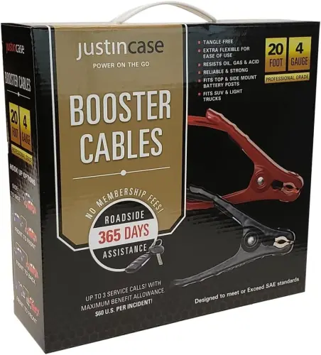 Justin Case Super Heavy-Duty Jumper Cables for Car, Includes 4 Gauge Wire Conductor 20' Car Jumper Cables & 365 Days of Roadside Assistance - JUSTIN (1)