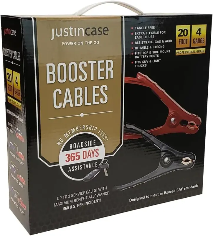 Justin Case Super Heavy-Duty Jumper Cables for Car, Includes 4 Gauge Wire Conductor 20' Car Jumper Cables & 365 Days of Roadside Assistance - 2