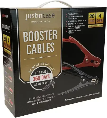 Justin Case Super Heavy-Duty Jumper Cables for Car, Includes 4 Gauge Wire Conductor 20' Car Jumper Cables & 365 Days of Roadside Assistance - JUSTIN (1)