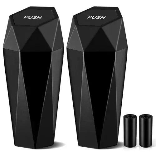 JUSTTOP Car Trash Can with Lid, Diamond Design Small Automatic Portable Trash Can, Easy to Clean, Used in Car Home Office Interior Accessories, 2PCS (Black) - 1