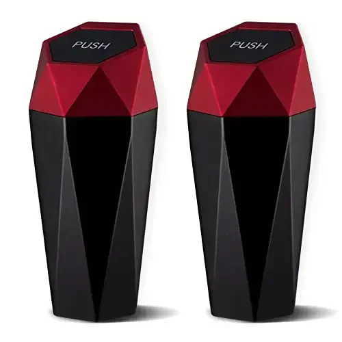 JUSTTOP Car Trash Can with Lid, Diamond Design Small Automatic Portable Trash Can, Easy to Clean, Used in Car Home Office Interior Accessories, 2PCS (Red) - 1