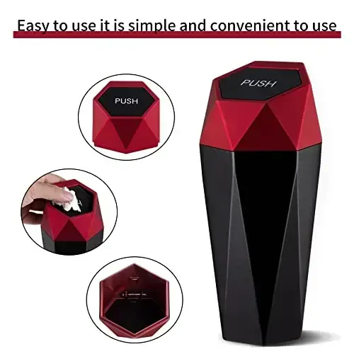 JUSTTOP Car Trash Can with Lid, Diamond Design Small Automatic Portable Trash Can, Easy to Clean, Used in Car Home Office Interior Accessories, 2PCS (Red) - 3