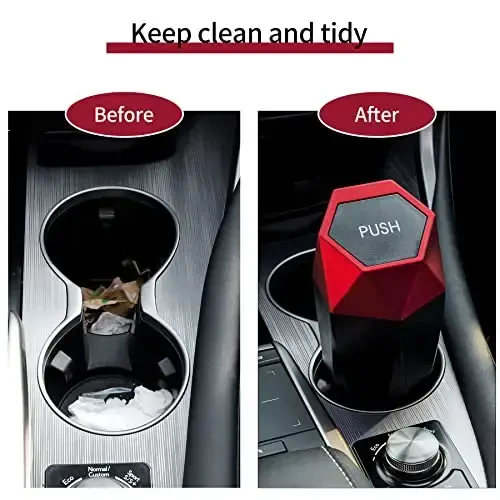 JUSTTOP Car Trash Can with Lid, Diamond Design Small Automatic Portable Trash Can, Easy to Clean, Used in Car Home Office Interior Accessories, 2PCS (Red) - 5