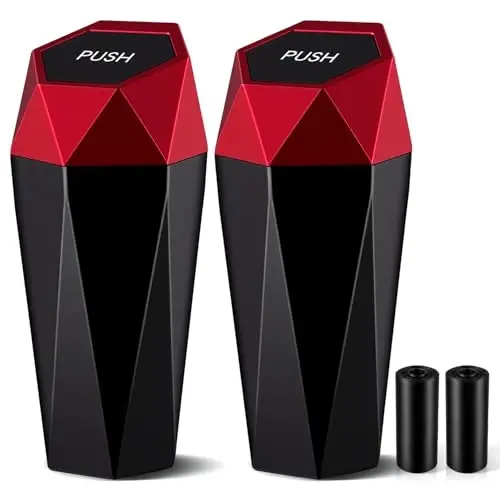 JUSTTOP Car Trash Can with Lid, Easy to Clean, Diamond Design Small Automatic Portable Trash Can, Used in Car Home Office Interior Accessories, 2PCS (Red) 