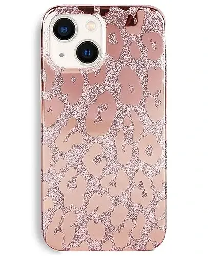 J.west Case Compatible with iPhone 15 Plus Case 6.7-inch,Luxury Metallic Glitter Leopard Print Design Slim Clear Soft Silicone Bumper Protective Phone Cases Cover for Women Girls Rose Gold 