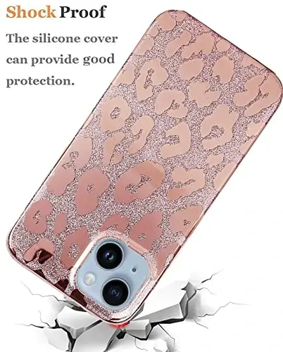 J.west Case Compatible with iPhone 15 Plus Case 6.7-inch,Luxury Metallic Glitter Leopard Print Design Slim Clear Soft Silicone Bumper Protective Phone Cases Cover for Women Girls Rose Gold - 6